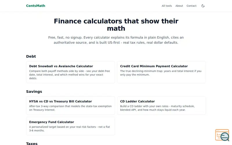 Screenshot of CentsMath: Free Finance Calculators That Show Their Math