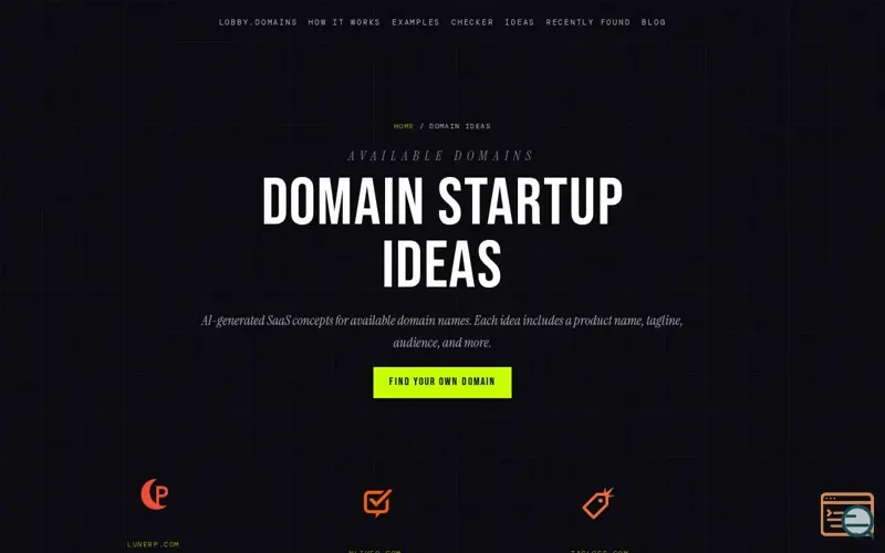 Screenshot of Lobby Domains' Start-Up Ideas