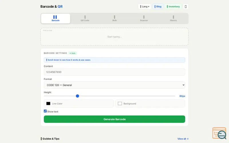Screenshot of Barcode & QR Code Generator, a launch using Turhost