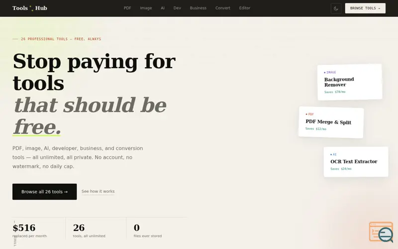 Screenshot of Tools1Hub — Free Professional Tools. No Account. No Limits. No Watermark.
