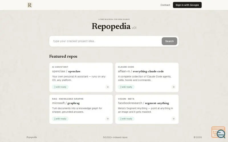 Screenshot of Repopedia