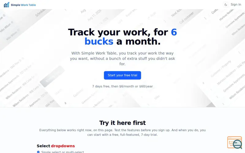 Screenshot of Simple Work Table. Track your work, for 6 bucks a month.