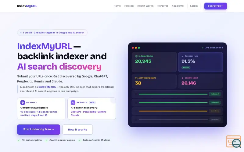 Screenshot of IndexMyURL