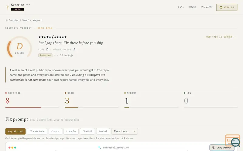 Screenshot of Sentrint