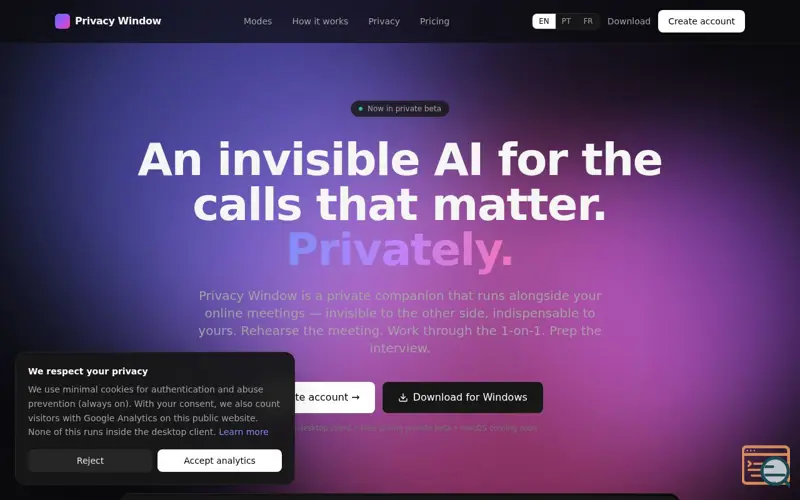 Screenshot of Privacy Window