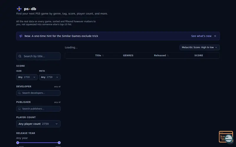Screenshot of ps·db, a launch using HSTS
