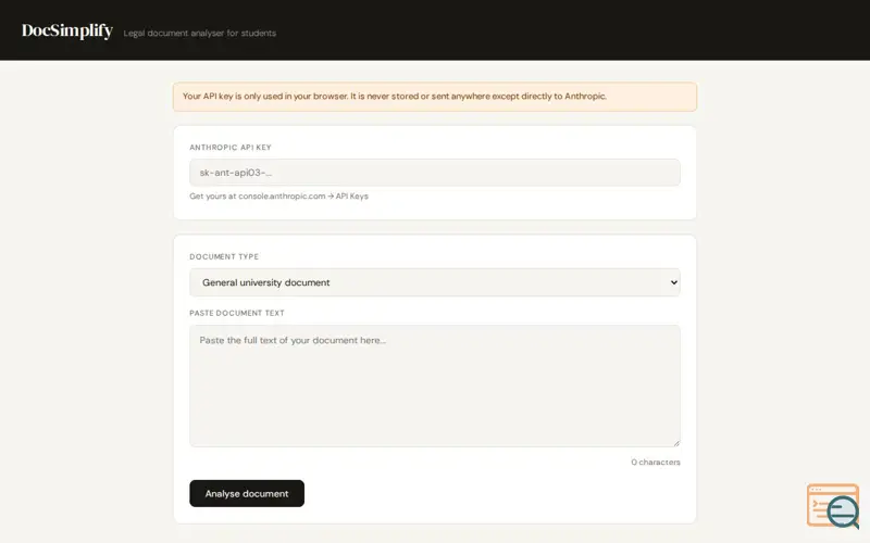 Screenshot of DocSimplify — Legal Document Analyser