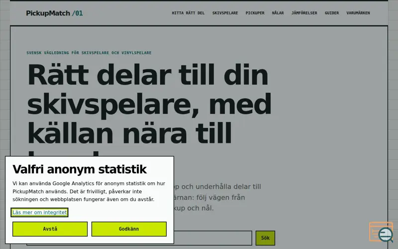 Screenshot of Hitta rätt delar till skivspelaren | PickupMatch