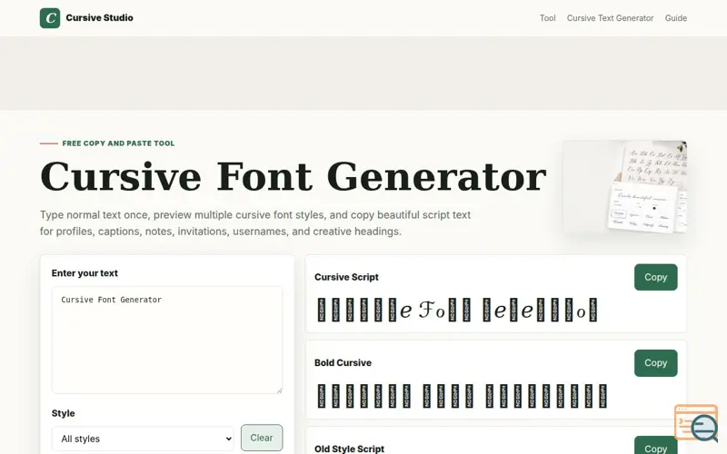 Screenshot of Cursive Text Generator
