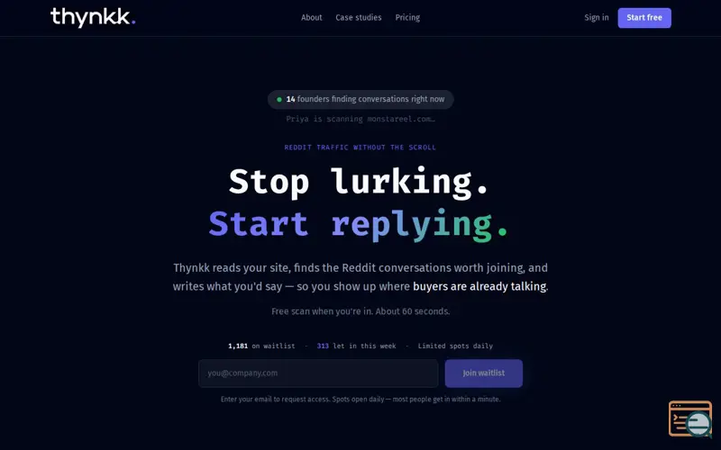 Screenshot of Thynkk — Stop Lurking. Start Replying.