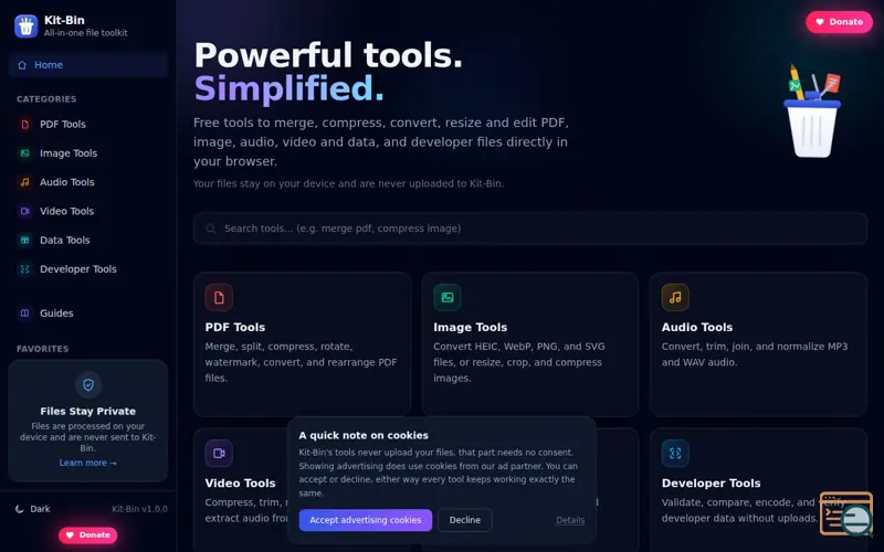 Screenshot of Free Private File and Developer Tools | Kit-Bin