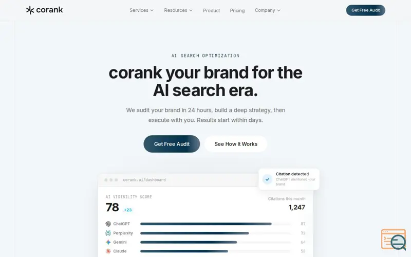 Screenshot of AI Search Optimization | AEO, GEO & AI SEO | Corank