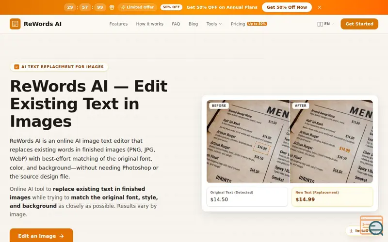 Screenshot of ReWords AI | Edit Text in Images Online | Image Text Editor