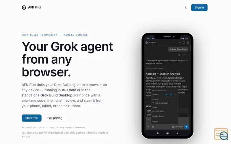 Screenshot of AFK Pilot — your Grok agent from any browser