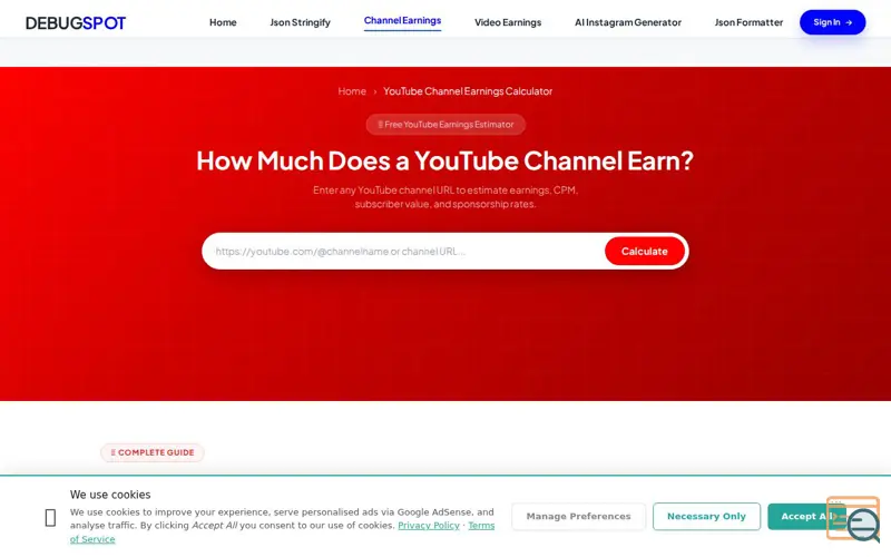 Screenshot of YouTube Channel Earnings Calculator