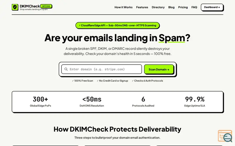 Screenshot of Free DKIM, SPF & DMARC Checker — Instant Email Deliverability Scanner | DKIMCheck