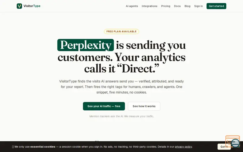 Screenshot of VisitorType — see the AI agents visiting your site, a launch using FridayHunt