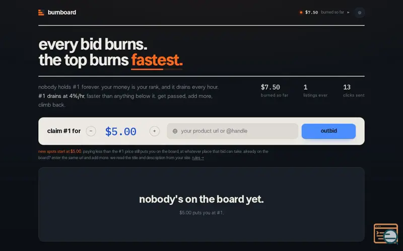 Screenshot of burnboard, every bid burns