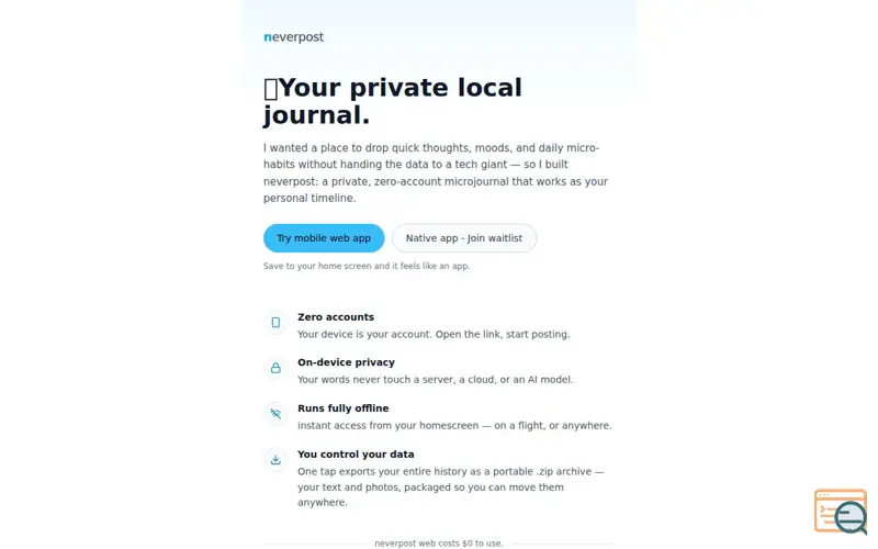 Screenshot of neverpost — A Private Micro Journal