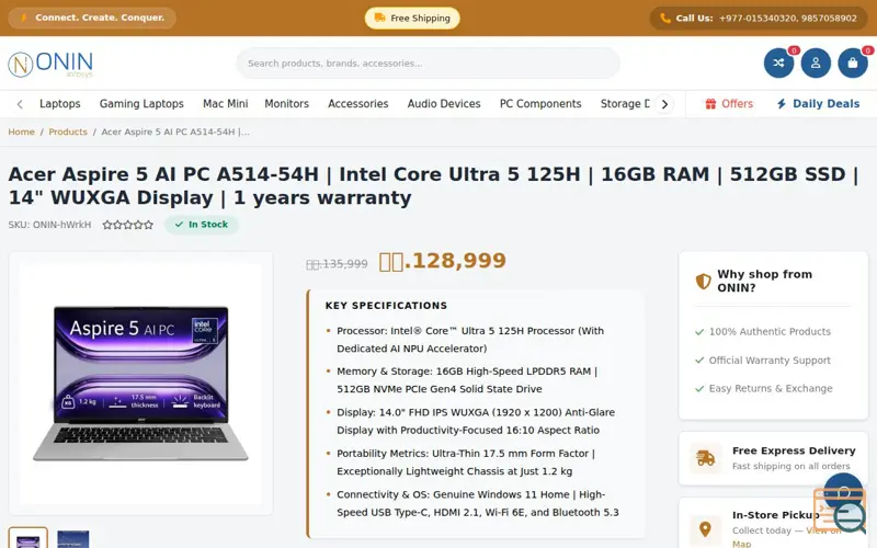 Screenshot of Acer Aspire 5 AI PC  core Ultra 5 125H , a launch using Nepal Clearing House
