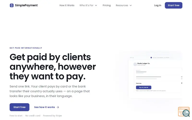 Screenshot of SimplePayment — Get paid by clients anywhere, however they pay