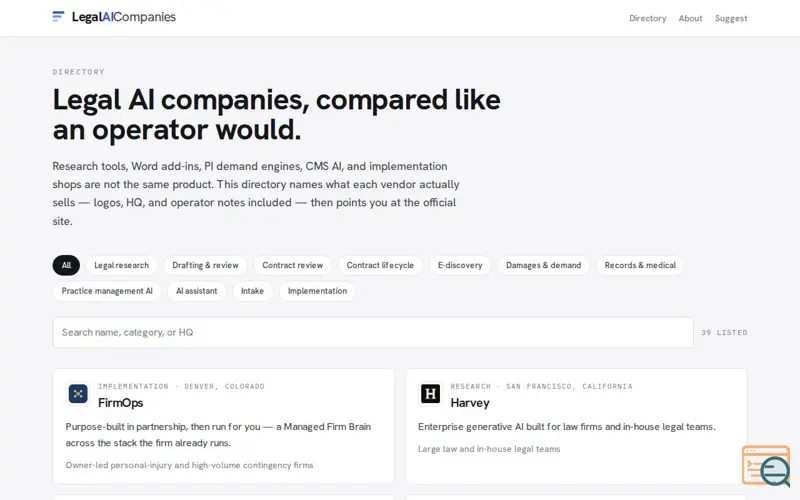 Screenshot of Legal AI Companies