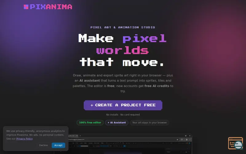 Screenshot of Pixanima — free pixel-art & animation editor with AI