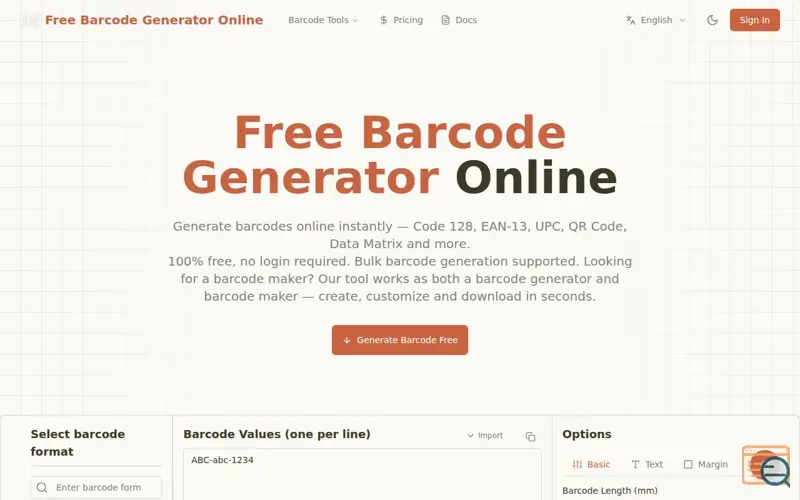 Screenshot of Free Barcode Generator Online
