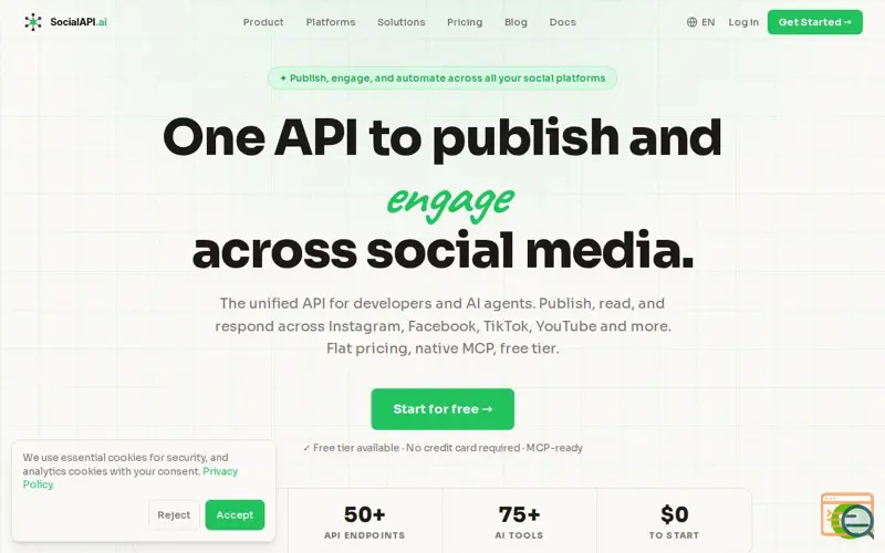 Screenshot of SocialAPI.ai, a launch using Facebook Domain Verification
