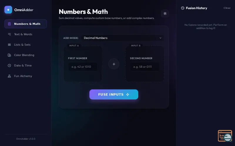 Screenshot of OmniAdder—The Universal  Fusion Engine