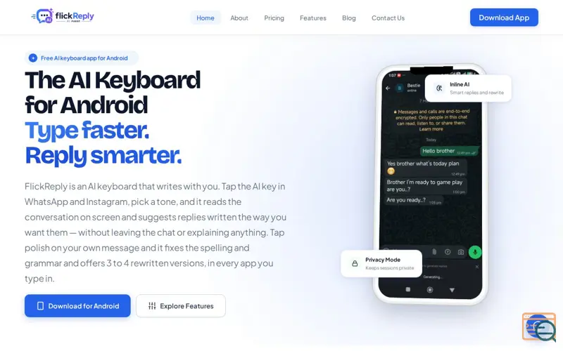 Screenshot of AI Keyboard for Android | FlickReply AI Writing Assistant