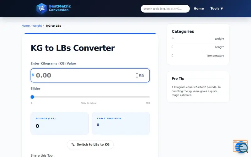Screenshot of Kg to Lbs converter