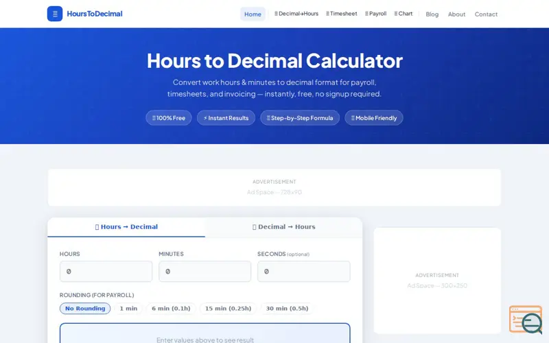 Screenshot of Hours to Decimal Calculator