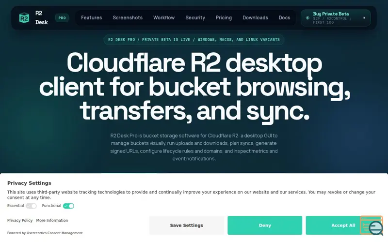 Screenshot of R2 Desk Pro, a launch using Usercentrics