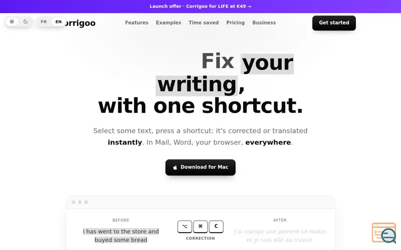Screenshot of Corrigoo · Corrigez vos textes partout, en un raccourci