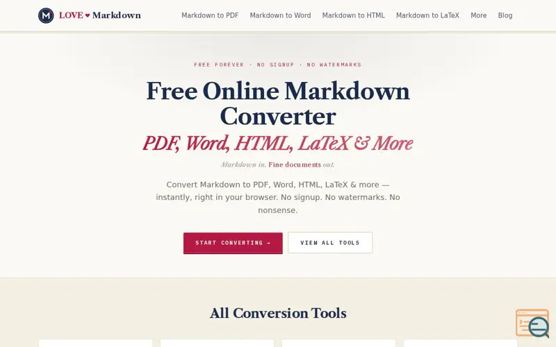 Screenshot of LoveMarkdown — Free Online Markdown Converter: PDF, Word, HTML & More