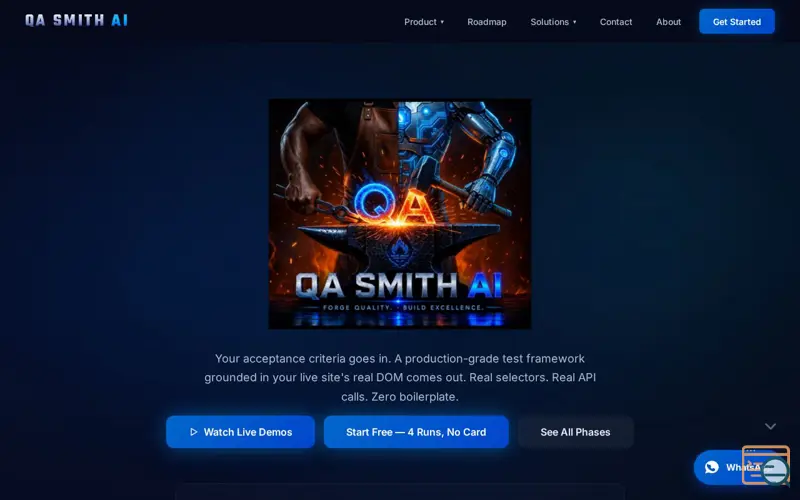 Screenshot of QA Smith AI — AI-Augmented QA Automation | Generate Test Frameworks in Minutes