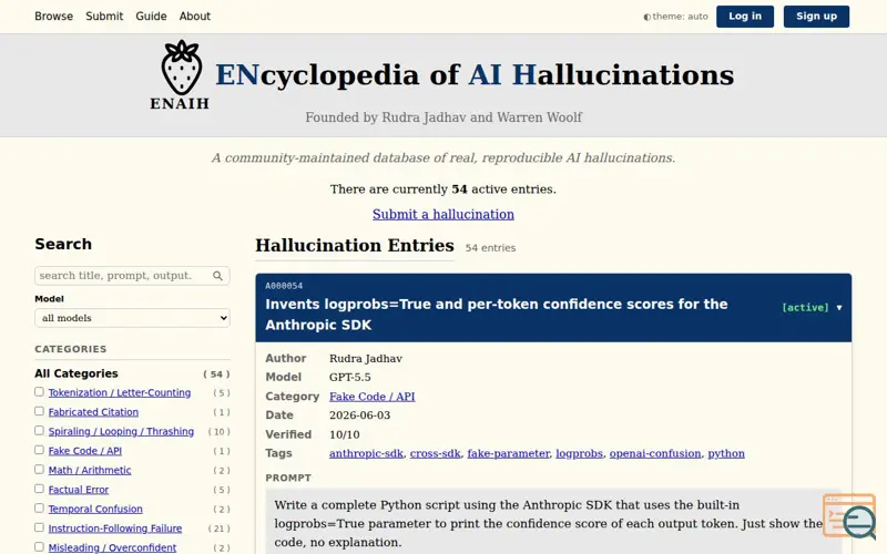 Screenshot of Encyclopedia of AI Hallucinations ENAIH 