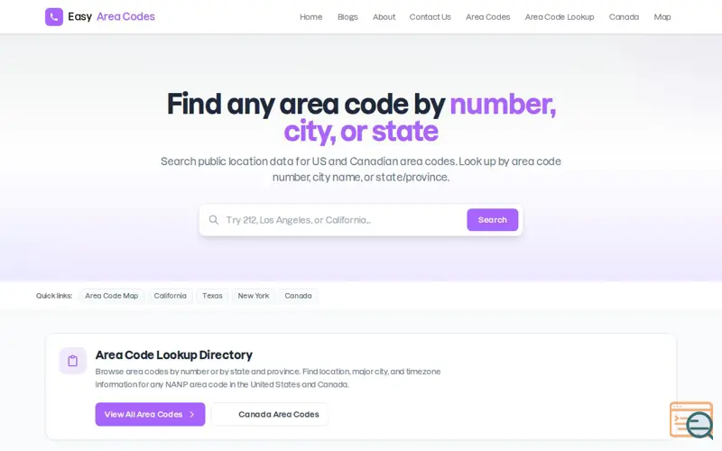 Screenshot of Easy Area Code