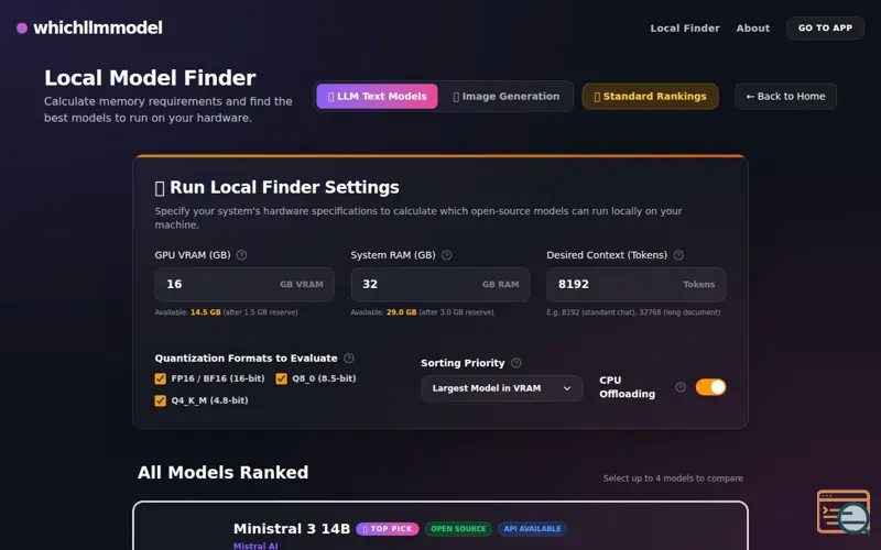 Screenshot of Whichllmmodel