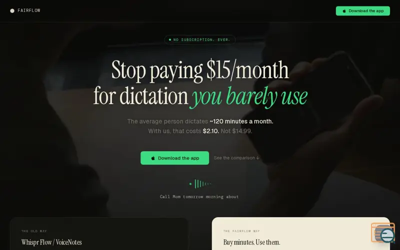 Screenshot of FairFlow – pay for minutes dictation app