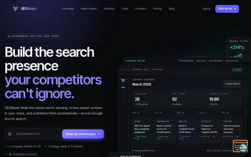 Screenshot of SEOBeast — Your Organic Growth Engine, on Autopilot