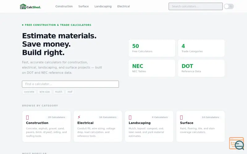 Screenshot of CalcShed
