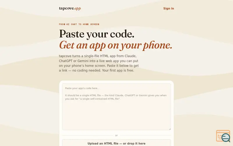 Screenshot of Tapcove — Paste code, get an app on your phone