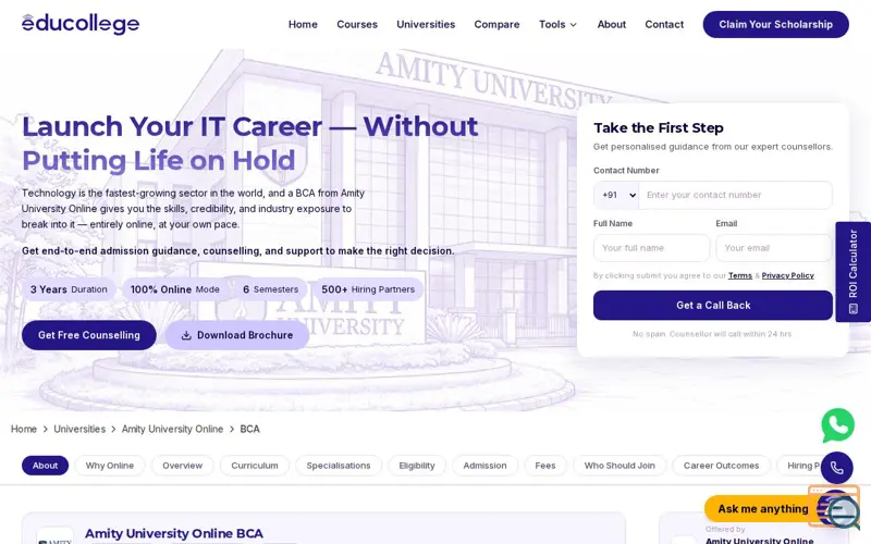 Screenshot of Amity University Online BCA
