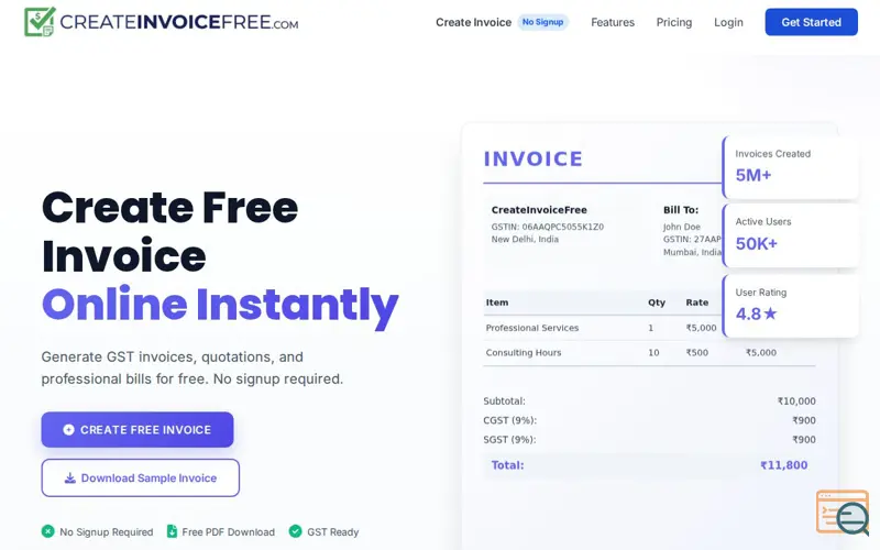 Screenshot of CreateInvoiceFree, a launch using Openprovider