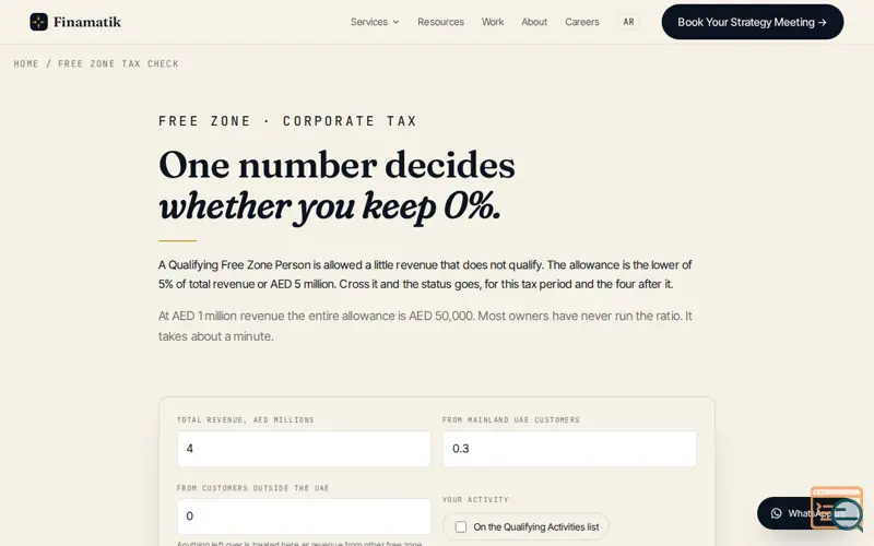 Screenshot of Free Zone 0% Corporate Tax Check, a launch using Google User Content