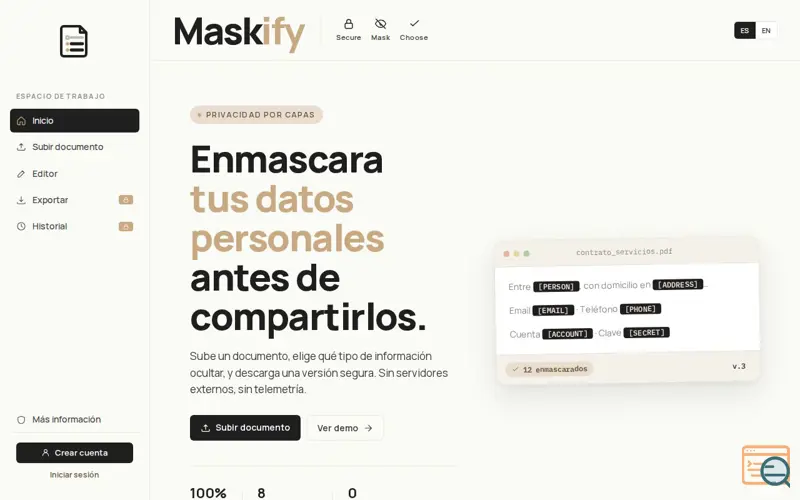 Screenshot of Maskify, a launch using DonDominio Mail
