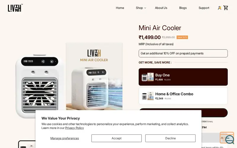 Screenshot of LivinH Mini Air Cooler, a launch using Snowplow