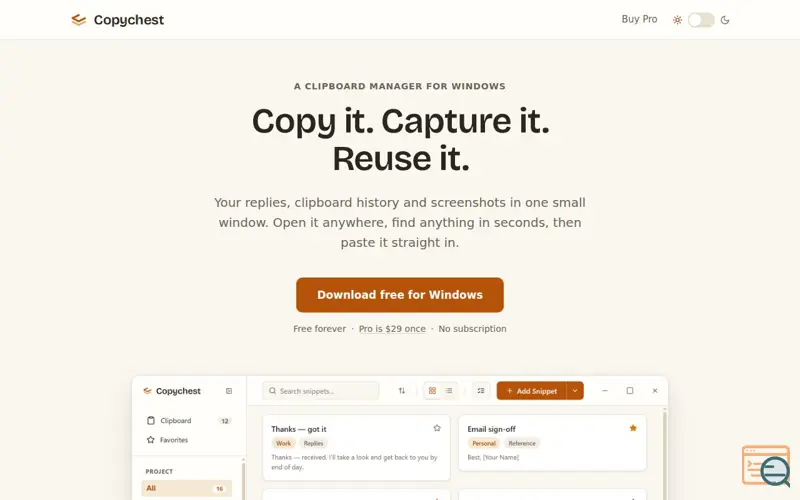Screenshot of Copychest · Stop retyping the same replies all day.